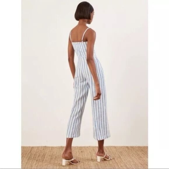 Reformation Torta Linen Blue Stripe Sleeveless Button Front Jumpsuit Size 10 - Picture 3 of 14